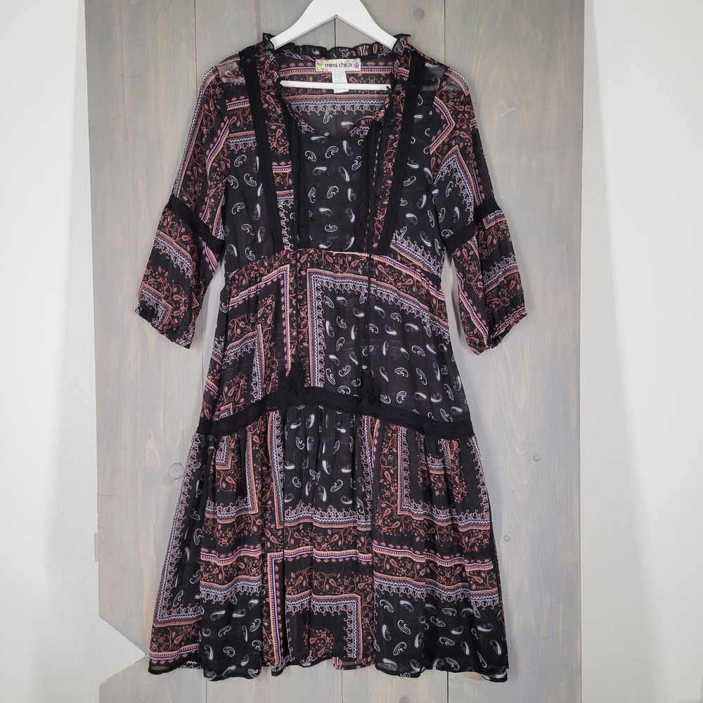 Mimi Chica Boho Midi Dress Small Sheer Black Paisley Bandana Print Lace Trim
